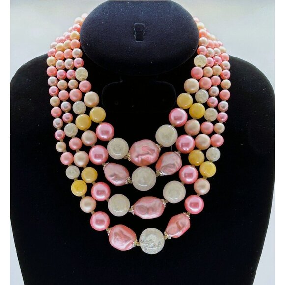 Japan Faux Pearls Necklace Earrings Pink Acrylic 4 Strands Clip-On Statement - Picture 5 of 16